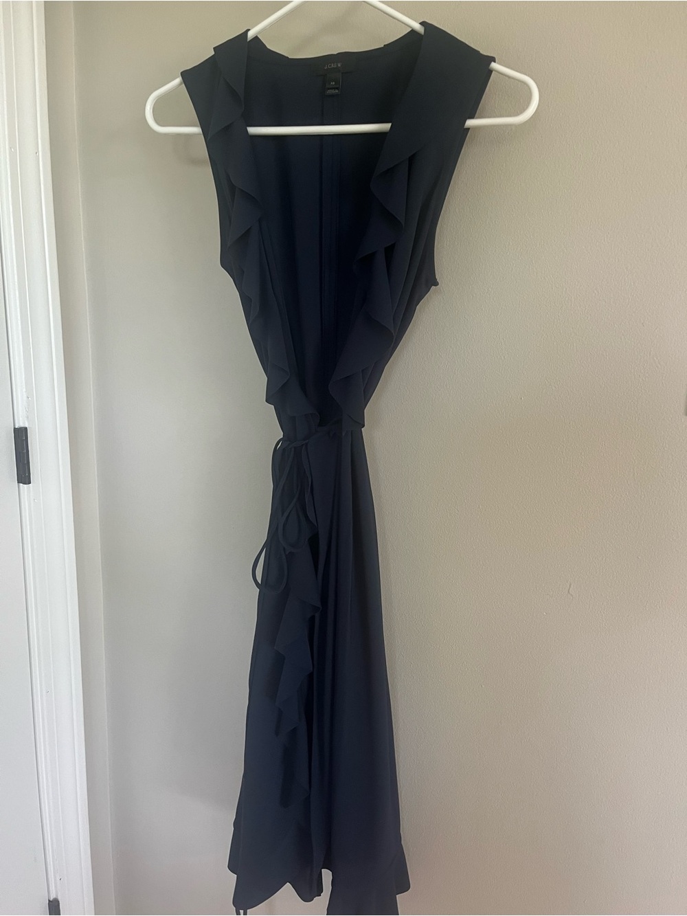 J. Crew Navy Sleeveless Ruffled Wrap Midi Dress